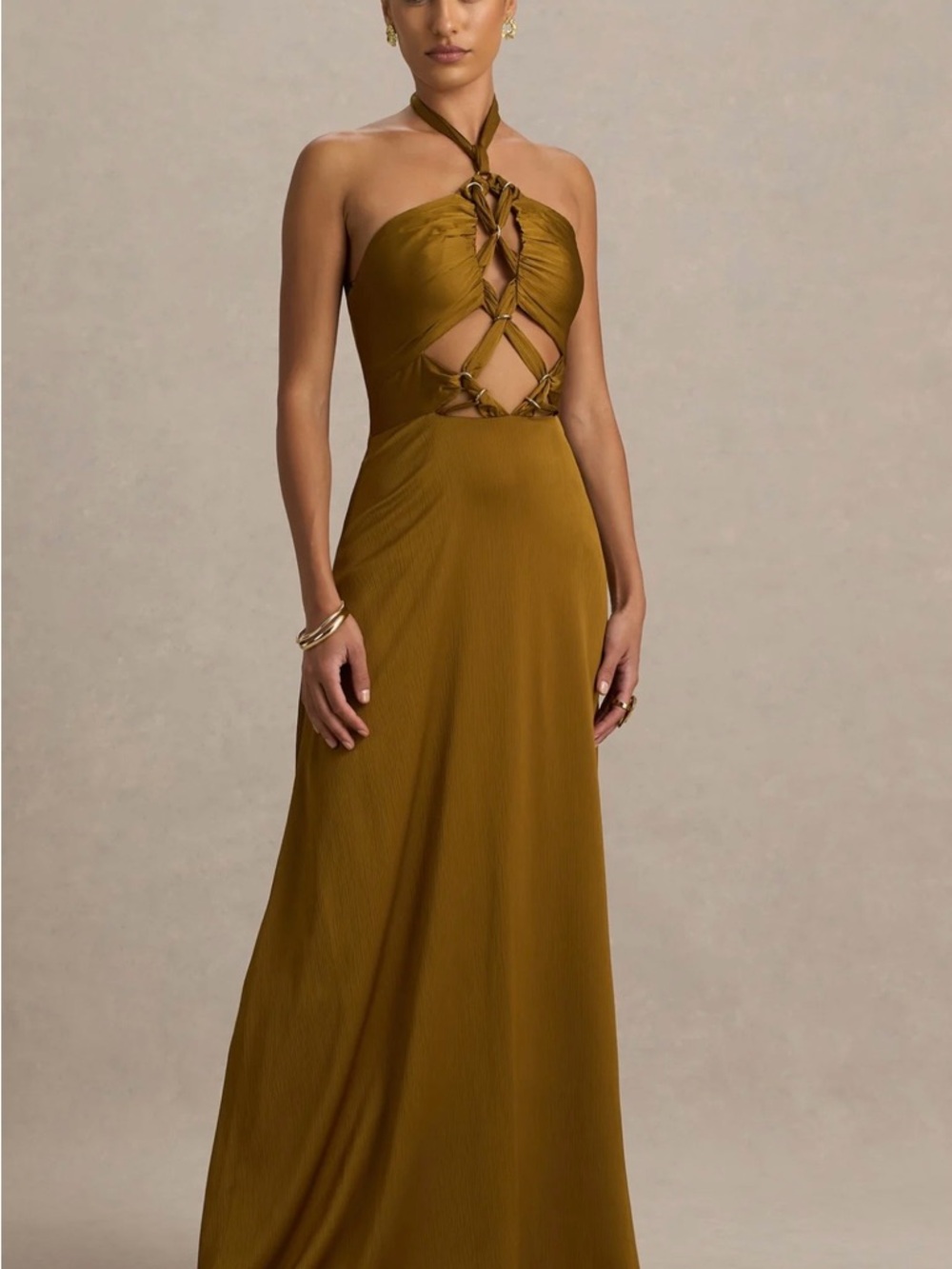 Knot-Front Halter Maxi Dress in Olive